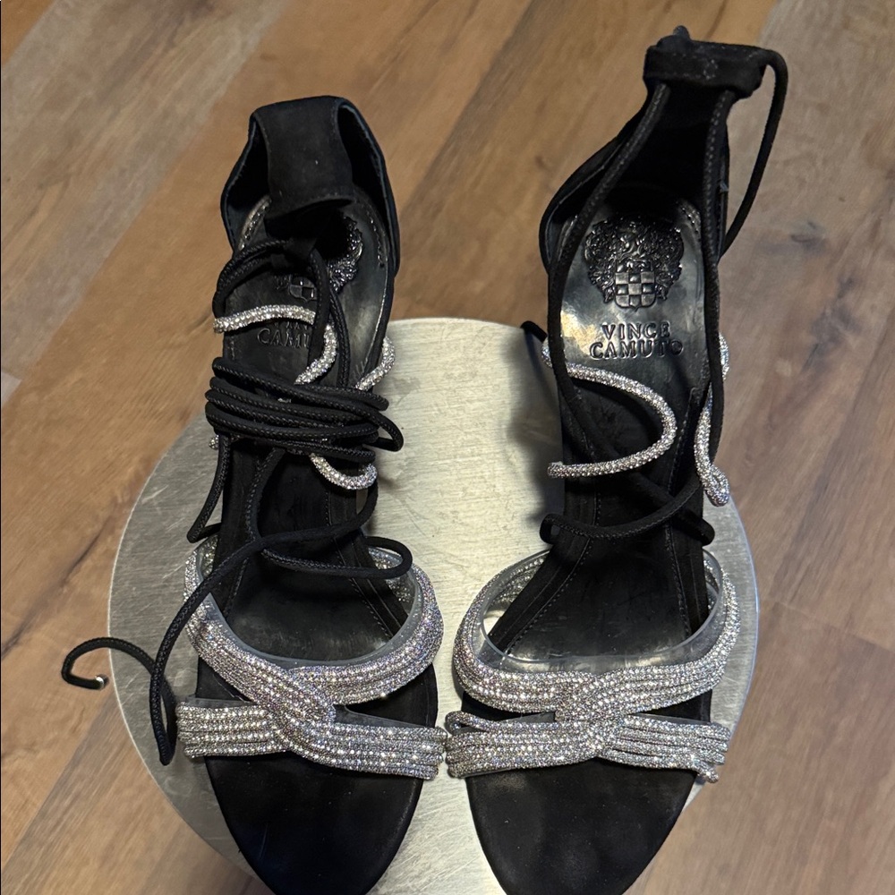 Vince Camuto suede Black Heels with Silver Accents Aimery Sandal
